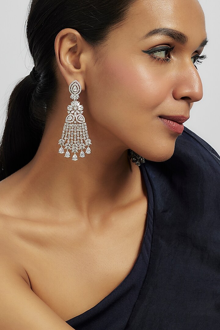 White Finish Zircon Dangler Earrings by Moh-Maya by Disha Khatri at Pernia's Pop Up Shop